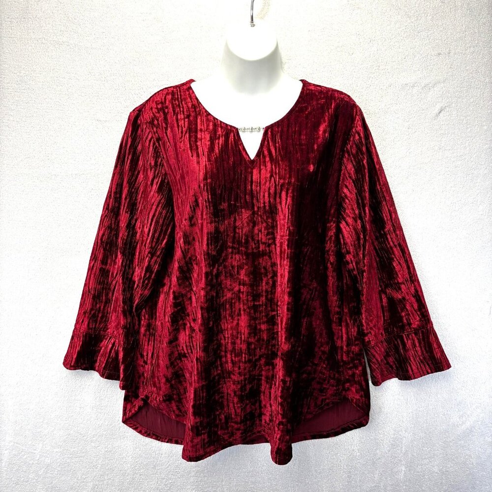 Alfred Dunner Red Crushed Velvet Shirt Womens Large Beaded Top Christmas Blouse - Picture 1 of 11